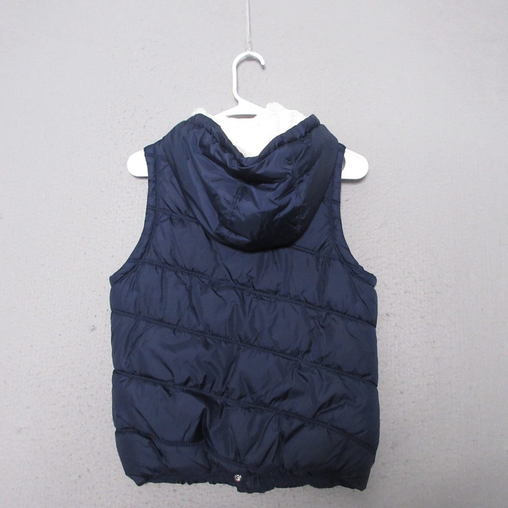 American Eagle Puffer Vest Women Medium Blue Y2K Faux Fur Hood Patch Zip Nylon - Picture 2 of 13